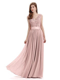 Elegant A-Line V-Neck Lace Chiffon Long Bridesmaid Dresses