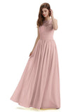 A-Line Round Neck Lace Pleats Floor Length Bridesmaid Dresses