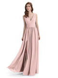 A-Line V-Neck Sleeveless Split Side Chiffon Long Bridesmaid Dresses