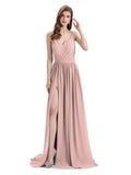 Spaghetti Straps A-line Chiffon Side Slit Long Bridesmaid Dresses