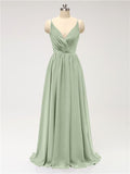 A-line Spaghetti Straps V Neck Chiffon Floor Length Bridesmaid Dresses