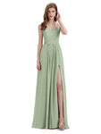 Simple V-neck Chiffon Floor-Length Side Slit Long Bridesmaid Dresses