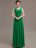 Simple V-Neck Pleats Chiffon Long Bridesmaid Dresses