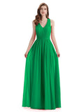 A-Line Sleeveless Pleats Chiffon Cheap Long Bridesmaid Dresses