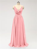 A-line Spaghetti Straps V Neck Chiffon Floor Length Bridesmaid Dresses