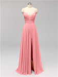 Honest Chiffon Spaghetti Straps Slit Long Bridesmaid Dresses