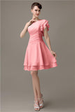 Popular A-line Chiffon One Shoulder Ruffle Sleeves Short Bridesmaid Dresses