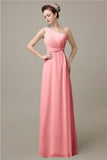 Simple A-line Chiffon One Shoulder Floor-Length Long Bridesmaid Dresses.