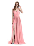 Spaghetti Straps A-line Chiffon Side Slit Long Bridesmaid Dresses