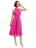 A-line Sleeveless Criss-cross Halter Tea-length Bridesmaid Dresses