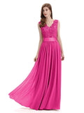 Elegant A-Line V-Neck Lace Chiffon Long Bridesmaid Dresses