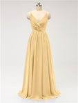 A-line Spaghetti Straps V Neck Chiffon Floor Length Bridesmaid Dresses