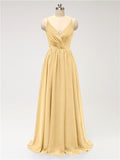 A-line Spaghetti Straps V Neck Chiffon Floor Length Bridesmaid Dresses