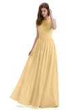 A-Line Round Neck Lace Pleats Floor Length Bridesmaid Dresses