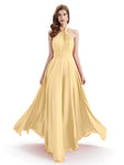 A-Line Cross Neck Pleats Chiffon Long Bridesmaid Dresses