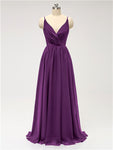 A-line Spaghetti Straps V Neck Chiffon Floor Length Bridesmaid Dresses