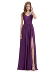 Simple V-neck Chiffon Floor-Length Side Slit Long Bridesmaid Dresses