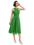 A-line Sleeveless Criss-cross Halter Tea-length Bridesmaid Dresses