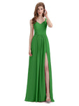 Simple V-neck Chiffon Floor-Length Side Slit Long Bridesmaid Dresses