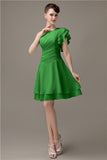 Popular A-line Chiffon One Shoulder Ruffle Sleeves Short Bridesmaid Dresses