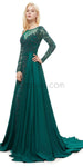 Green Round Neck Long Sleeves A-line Glitter Gorgeous Prom Dresses With Beads, Evening Dresses LMX1145