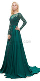 Green Round Neck Long Sleeves A-line Glitter Gorgeous Prom Dresses With Beads, Evening Dresses LMX1145