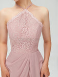 Halter Top Lace Side Slit Long Prom Dress, Elegant Popular Bridesmaid Dresses LMX1113