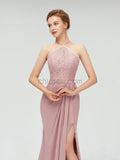 Halter Top Lace Side Slit Long Prom Dress, Elegant Popular Bridesmaid Dresses LMX1113