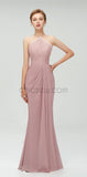 Halter Top Lace Side Slit Long Prom Dress, Elegant Popular Bridesmaid Dresses LMX1113