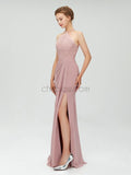 Halter Top Lace Side Slit Long Prom Dress, Elegant Popular Bridesmaid Dresses LMX1113