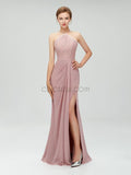 Halter Top Lace Side Slit Long Prom Dress, Elegant Popular Bridesmaid Dresses LMX1113