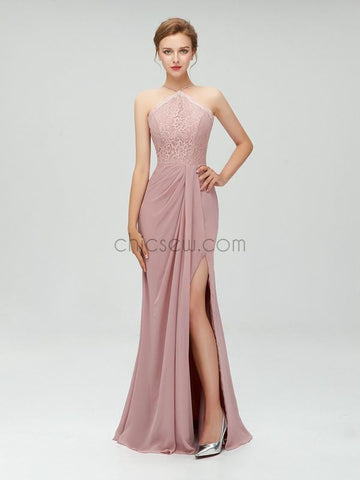 Halter Top Lace Side Slit Long Prom Dress, Elegant Popular Bridesmaid Dresses LMX1113
