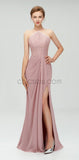 Halter Top Lace Side Slit Long Prom Dress, Elegant Popular Bridesmaid Dresses LMX1113