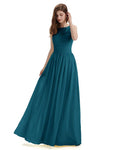 A-Line Round Neck Lace Pleats Floor Length Bridesmaid Dresses