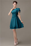 Popular A-line Chiffon One Shoulder Ruffle Sleeves Short Bridesmaid Dresses