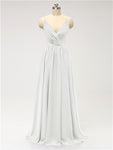 A-line Spaghetti Straps V Neck Chiffon Floor Length Bridesmaid Dresses