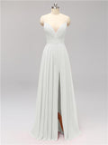 Honest Chiffon Spaghetti Straps Slit Long Bridesmaid Dresses