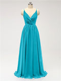 A-line Spaghetti Straps V Neck Chiffon Floor Length Bridesmaid Dresses