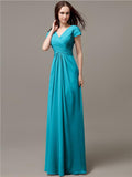 Elegant V-neck Short Sleeves A-line Floor-Length Bridesmaid Dresses