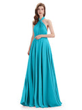 Simple A-Line High Neck Pleats Chiffon Floor Length Bridesmaid Dresses