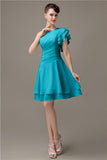 Popular A-line Chiffon One Shoulder Ruffle Sleeves Short Bridesmaid Dresses