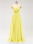 A-line Spaghetti Straps V Neck Chiffon Floor Length Bridesmaid Dresses