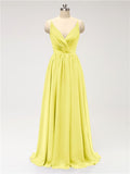 A-line Spaghetti Straps V Neck Chiffon Floor Length Bridesmaid Dresses