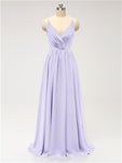 A-line Spaghetti Straps V Neck Chiffon Floor Length Bridesmaid Dresses