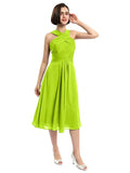 A-line Sleeveless Criss-cross Halter Tea-length Bridesmaid Dresses