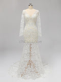 Long Sleeves Full Lace Mermaid Elegant Long V Neck Wedding Dresses, Prom Dresses LMX1123
