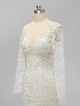 Long Sleeves Full Lace Mermaid Elegant Long V Neck Wedding Dresses, Prom Dresses LMX1123