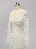 Long Sleeves Full Lace Mermaid Elegant Long V Neck Wedding Dresses, Prom Dresses LMX1123