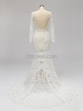 Long Sleeves Full Lace Mermaid Elegant Long V Neck Wedding Dresses, Prom Dresses LMX1123