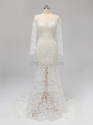 Long Sleeves Full Lace Mermaid Elegant Long V Neck Wedding Dresses, Prom Dresses LMX1123